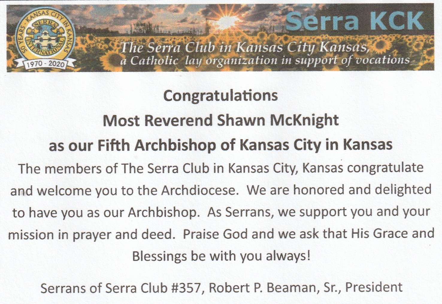 Archbishop McKnight Congratulations